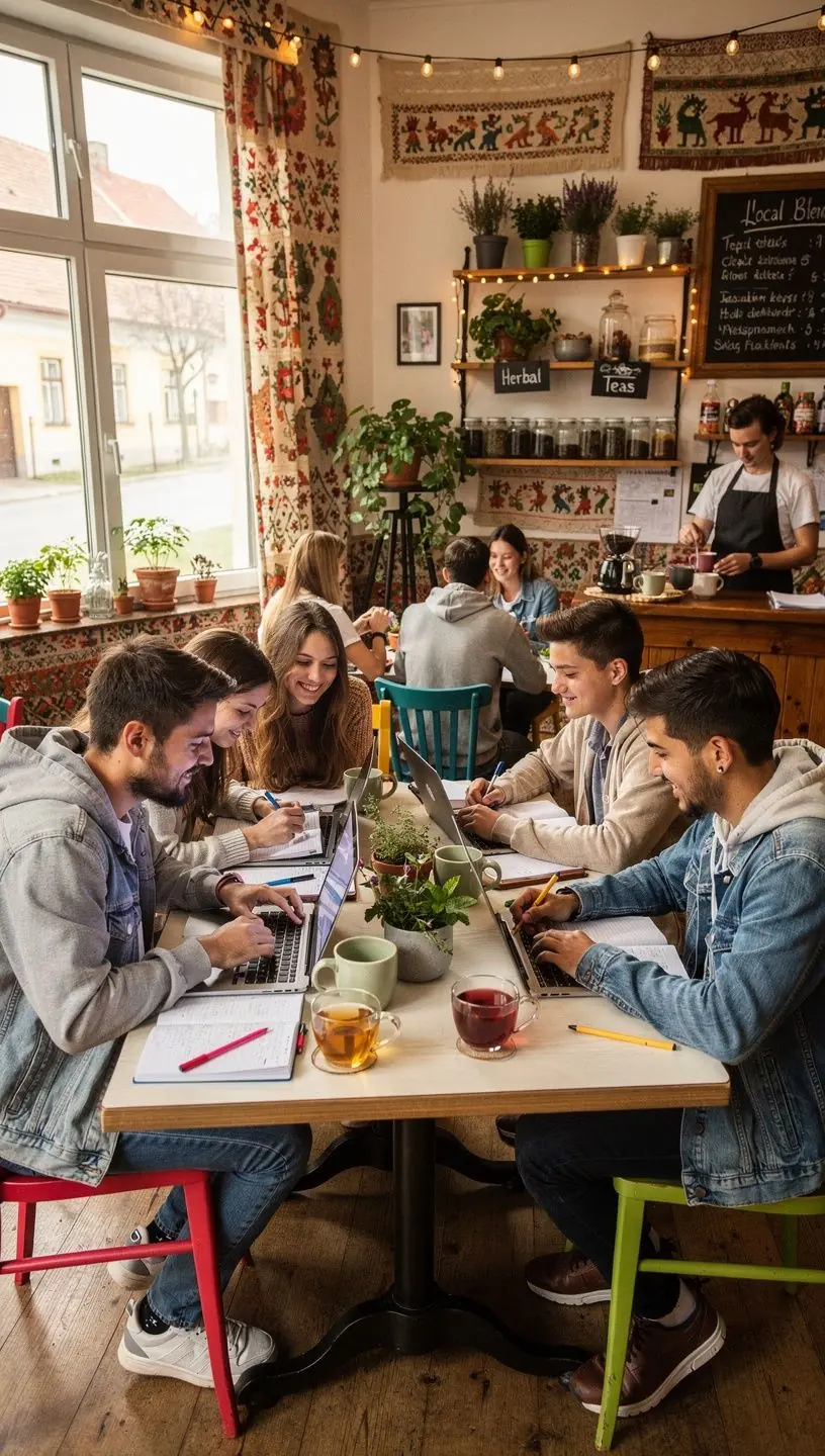 Teázás közben készült fotó barátokkal, akik közösen élvezik a teát.