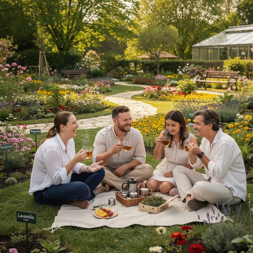 Egy csoport ember, akik élvezik a közös teázást, miközben beszélgetnek az ízületek támogatásáról.